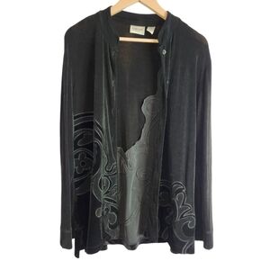 CHICOS Travelers Women’s Black Button Down Embroidered Jacket, Black, 2
